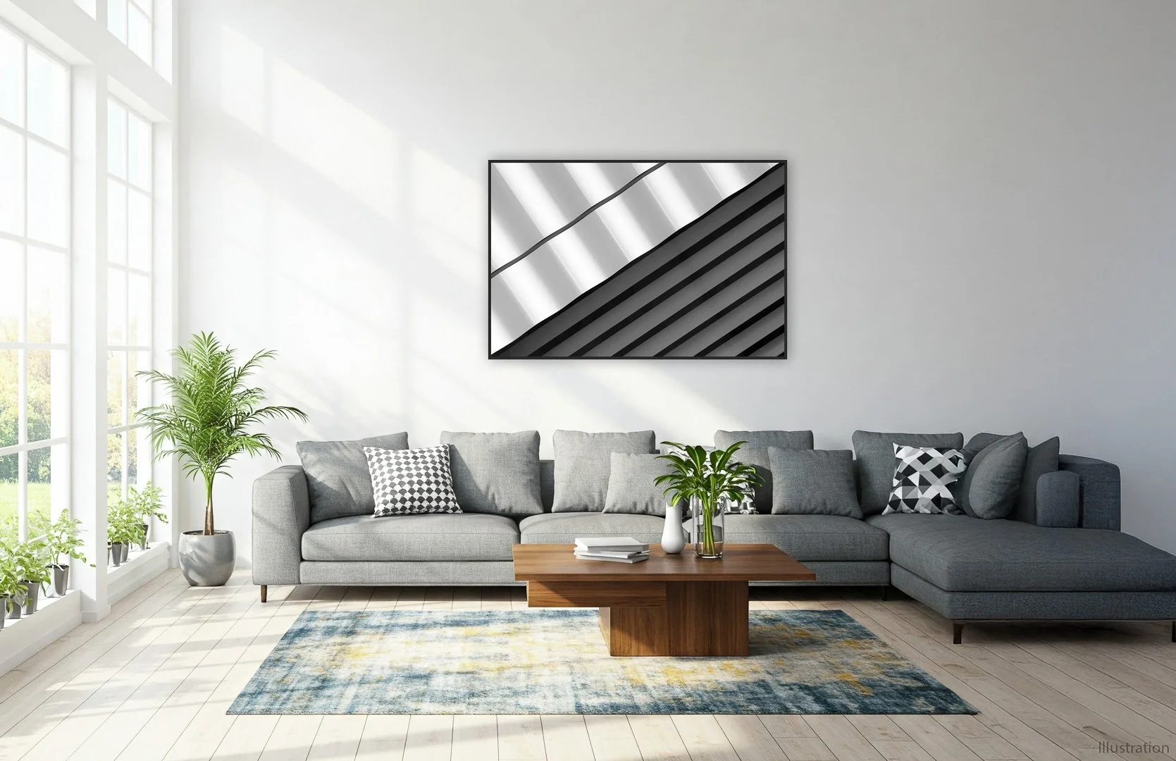 Helles Wohnzimmer mit grauem Sofa, schwarzen und weißen Kissen, Pflanzen, Holz-Couchtisch und abstraktem Kunstwerk in Schwarz, Weiß und Grau an der Wand.