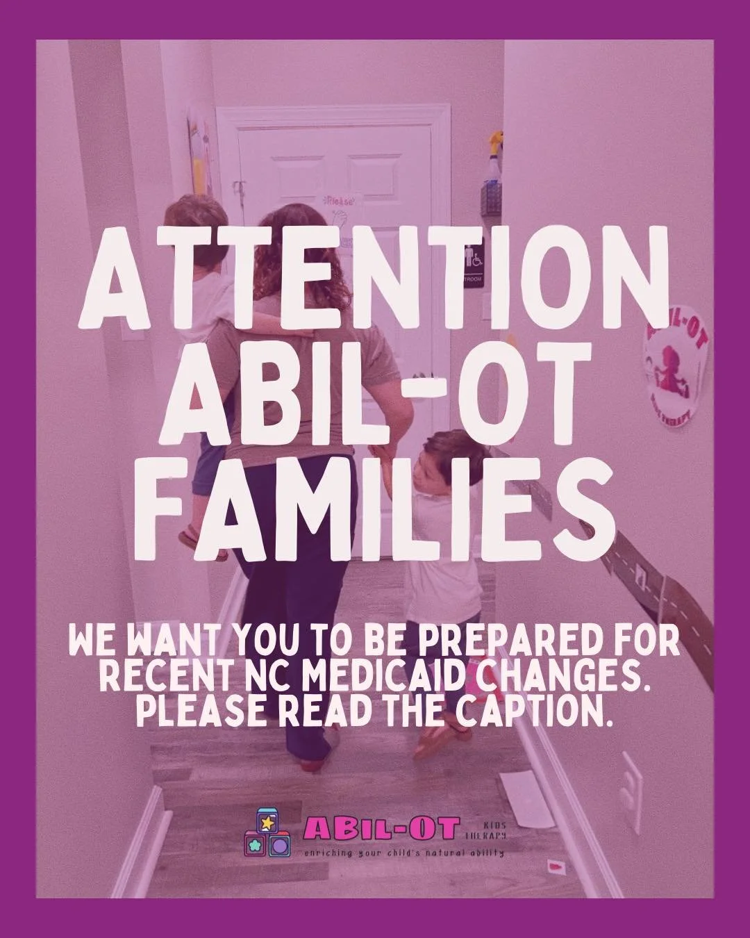 🚨 Attention NC Families 🚨

Significant Medicaid cuts went into effect yesterday across our state. These changes could impact not only therapy services, but all Medicaid-related healthcare providers.

This means families may face difficult choices a