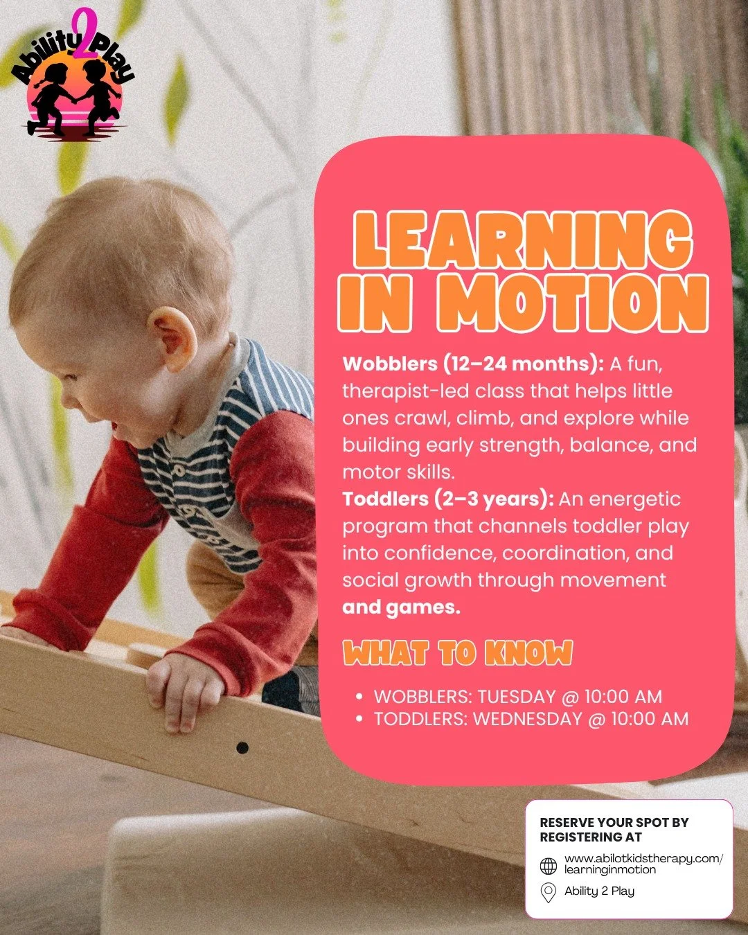 👶✨ Learning in Motion is here!

Whether your little one is just starting to wobble or is full of toddler energy, these therapist-led classes are the perfect way to support growth through movement, play, and fun. 💪💙
📅 Wobblers (12&ndash;24 months)