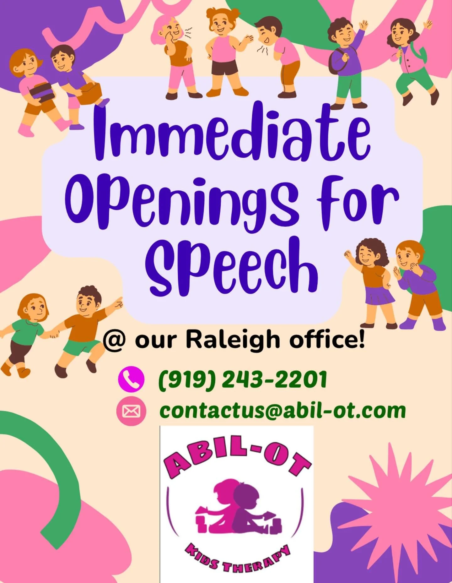 📣 Exciting News for Garner Families! 🗣️
We have IMMEDIATE openings for Speech Therapy Services at our Garner office!
Is your child struggling with speech, language, or communication? We are here to help them thrive in a fun, supportive, and persona