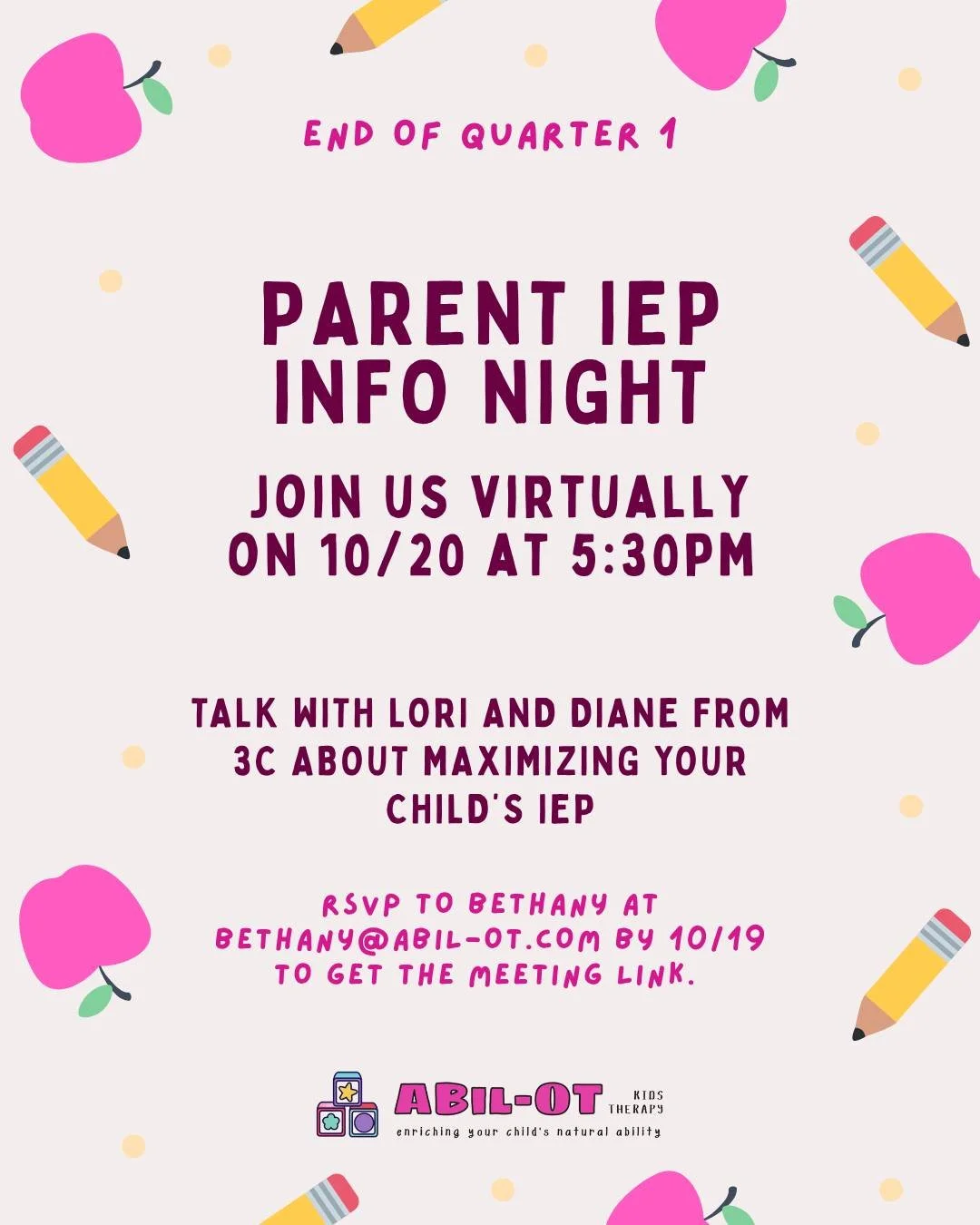✨ Parents, join us for our Quarter 1 IEP Night! ✨

On October 20 at 5:30 PM, Lori and Diane from 3C will be sharing strategies to help you maximize your child&rsquo;s IEP. This event is virtual, so you can join from anywhere!

📧 RSVP to Bethany at b