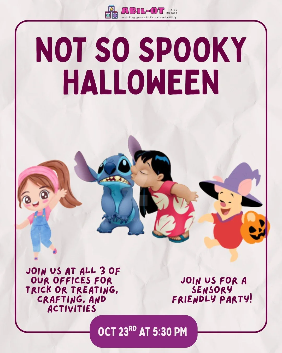 Mark your calendars&mdash;it&rsquo;s almost time for our Not So Spooky Halloween! 👻🎃

Join us on October 23rd at 5:30 PM at all 3 Abil OT offices for trick-or-treating, crafts, and fun activities! 🍬✨ 

We can&rsquo;t wait to celebrate with you! 🧡