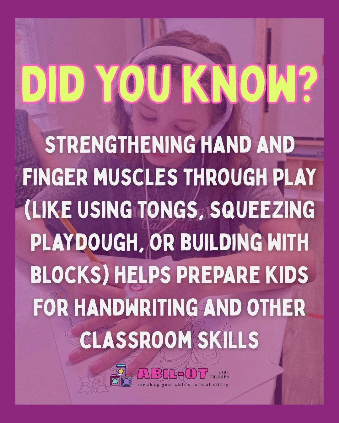 ✋ Did you know? Strengthening hand and finger muscles through play helps your child get ready for handwriting and classroom success! 💪

Activities like using tongs, squeezing playdough, or building with blocks are fun ways to boost fine motor skills
