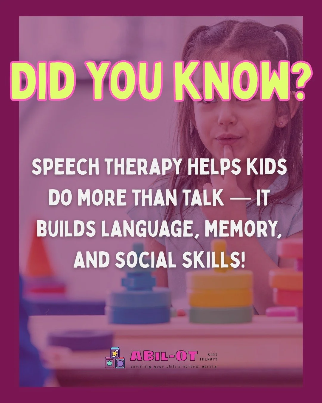 🧠 Did You Know?
Speech therapy supports so much more than just talking! 💬✨

It helps children build skills that shape learning and communication every day:
📚 Understanding &amp; using language
🤝 Building social &amp; emotional connections
🎯 Impr