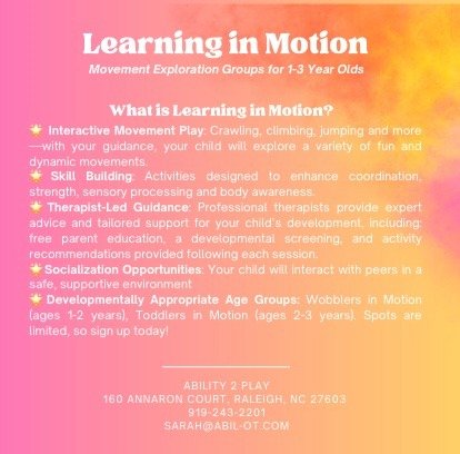 ✨ Program Highlight: Learning in Motion ✨

 A movement-based group for toddlers to explore, play, and build skills through guided activity.

Designed for little bodies in motion &mdash; with therapist-led support and lots of fun along the way. 

Spot