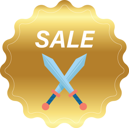 Gold sale badge with two crossed swords and the word 'SALE' at the top