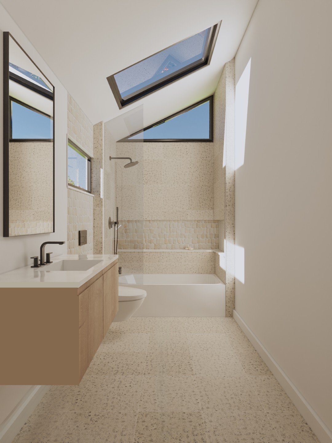 Modern bathroom with large skylight windows, beige tiled floors and wall tiles, a wall-mounted vanity with black fixtures, a wall-mounted toilet, a bathtub, and a shower area, all with natural light streaming in.