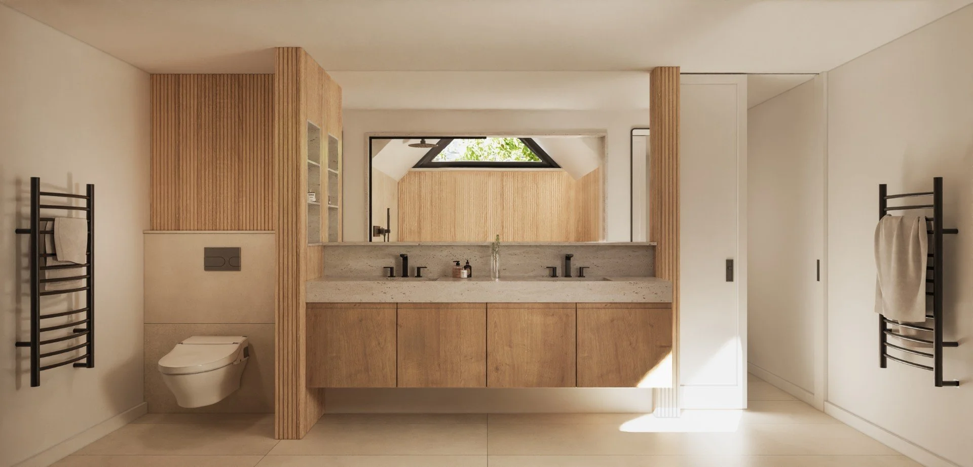 Modern bathroom with dual sinks, a wall-mounted toilet, black fixtures, black towel racks, wooden cabinetry, a large mirror, and a window with natural light.