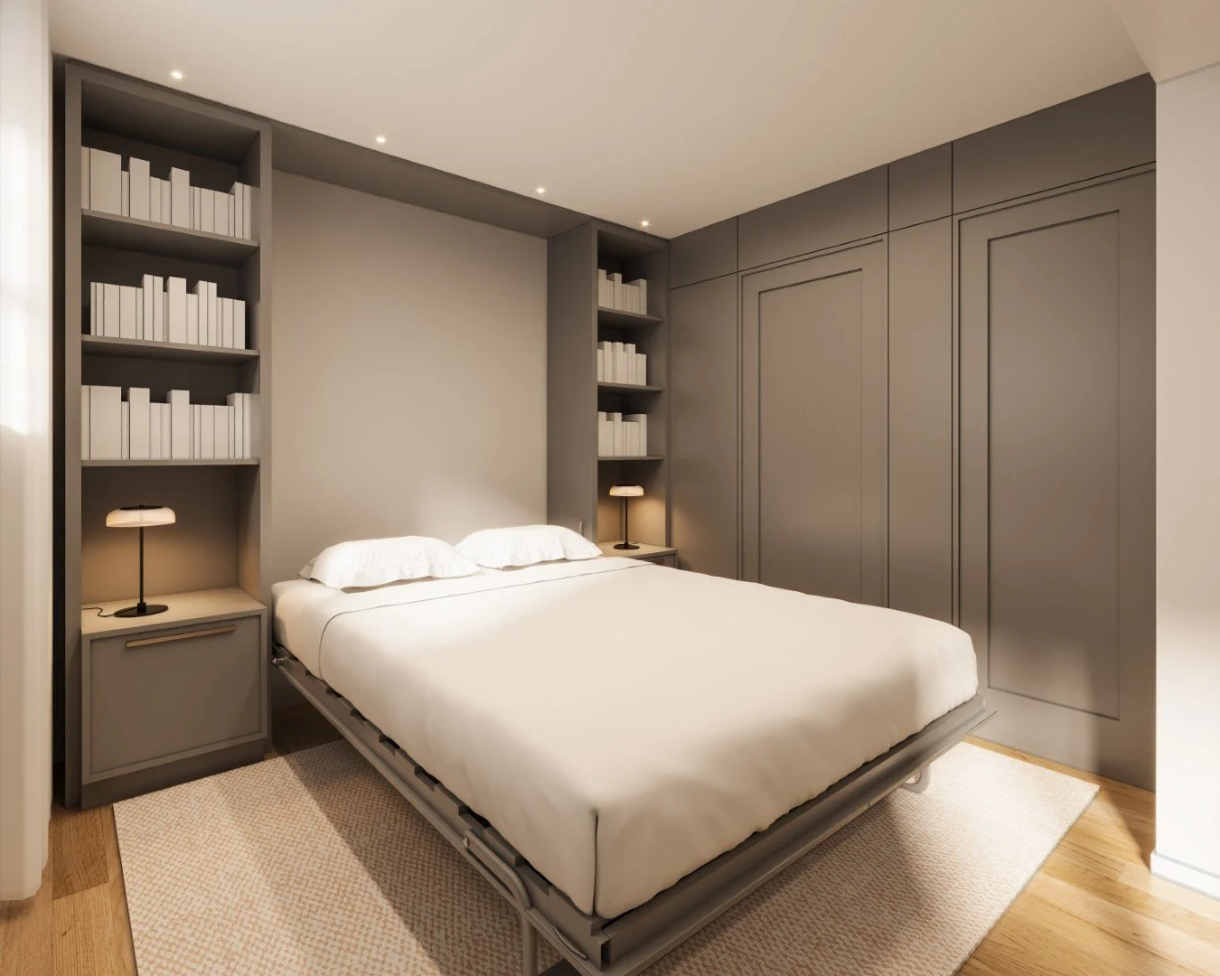 Modern bedroom with gray walls and built-in bookshelves, white bedding, two bedside lamps, and a wooden floor.