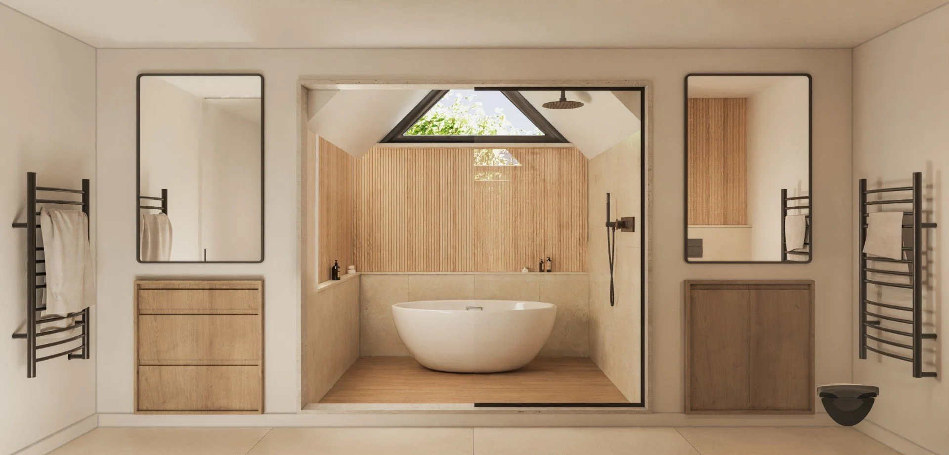 Modern bathroom with a freestanding bathtub, wooden accents, large corner window, two tall mirrors, towel racks, and a walk-in shower area.