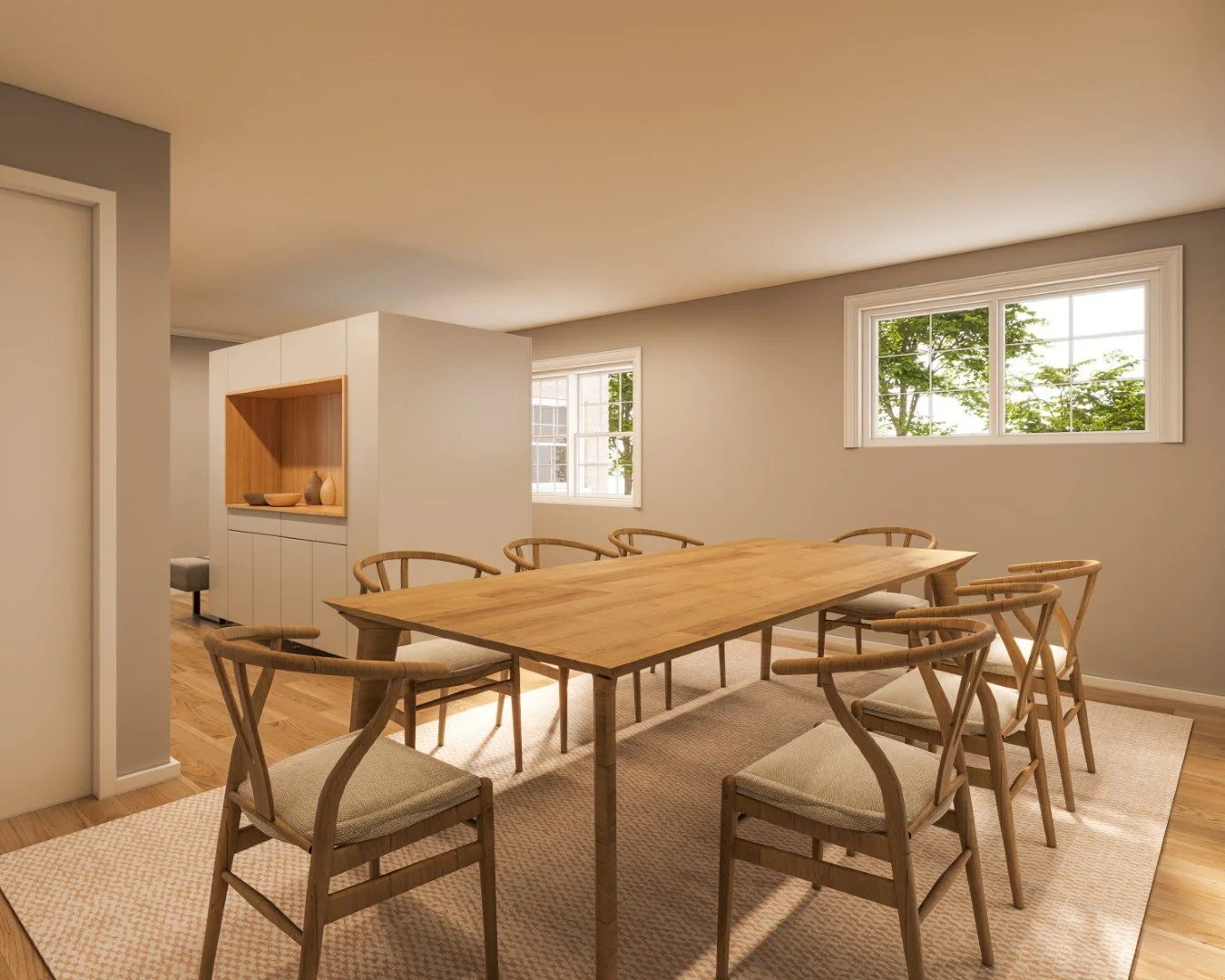 Bright dining room with wooden table and eight chairs, large windows letting in natural light, and neutral wall colors.