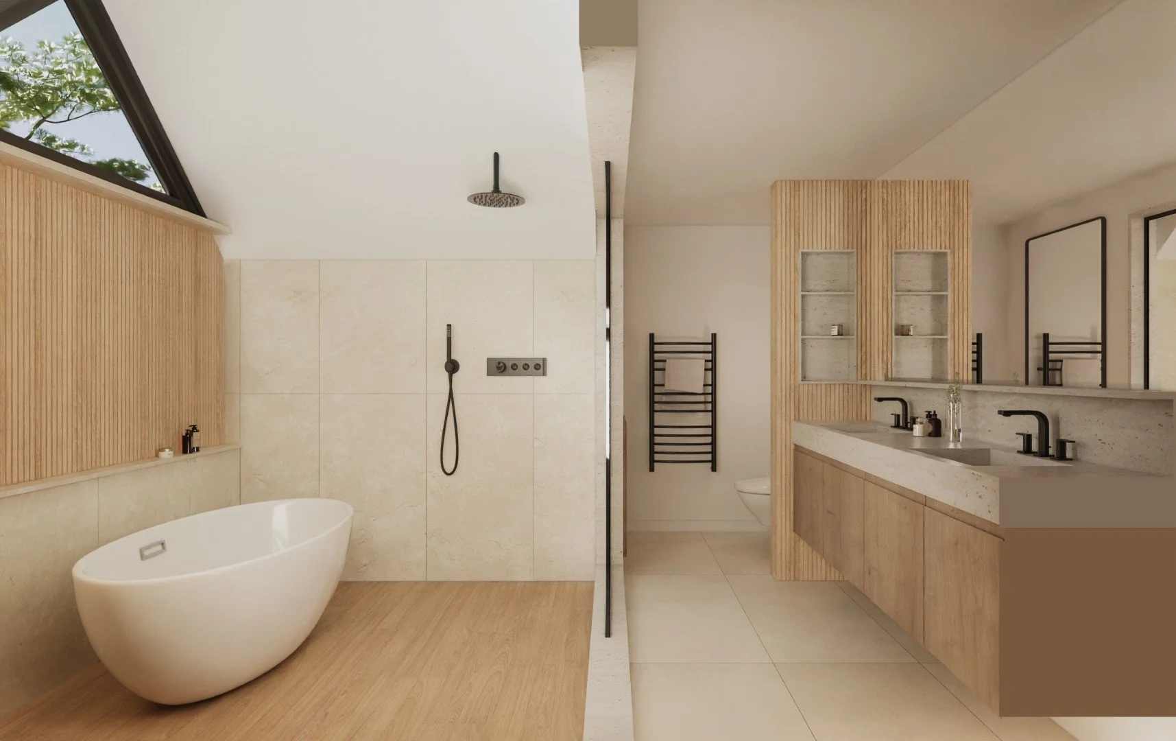 Modern bathroom with a white freestanding bathtub, walk-in shower, large mirror, beige and wood cabinetry, and black fixtures.