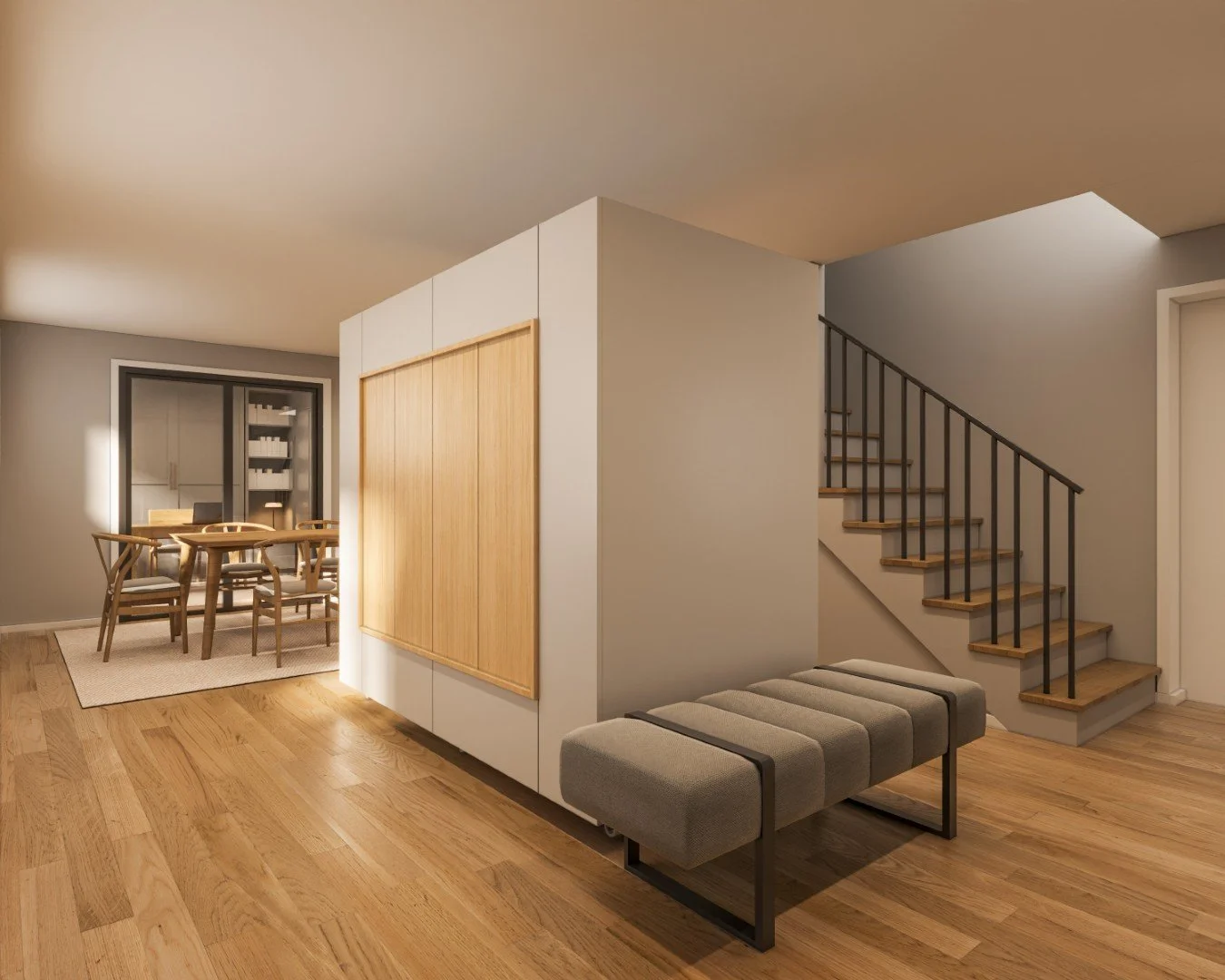 Modern living room with staircase, wooden flooring, gray walls, a bench under the stairs, and a dining area with a wooden table and chairs near a window.