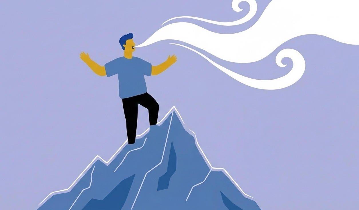 Illustration eines Menschen, der auf einem Berg steht und eine Wolke ausatmet.