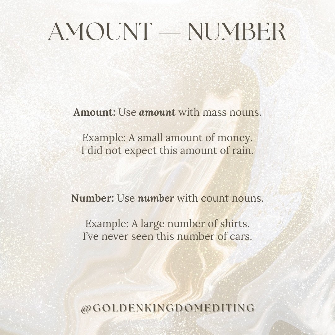Amount VS number 🤔

Should you use &quot;amount&quot; or &quot;number&quot;? It depends on what you are referring to! Here&rsquo;s a quick reminder of the rule ⬆️

Looking for an editor? You&rsquo;re in the right place! I&rsquo;m a freelance copy ed