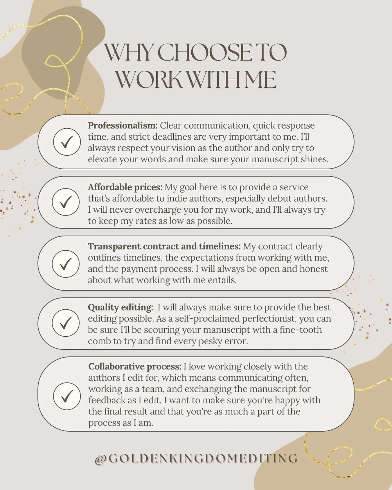 Why choose to work with me? ✍🏻

If you those are things you&rsquo;re looking for in an editor, reach out to me through a DM or an email! I also offer free 1,000-word sample edits to make sure we&rsquo;re a good match.

#proofreading #proofreader #ed