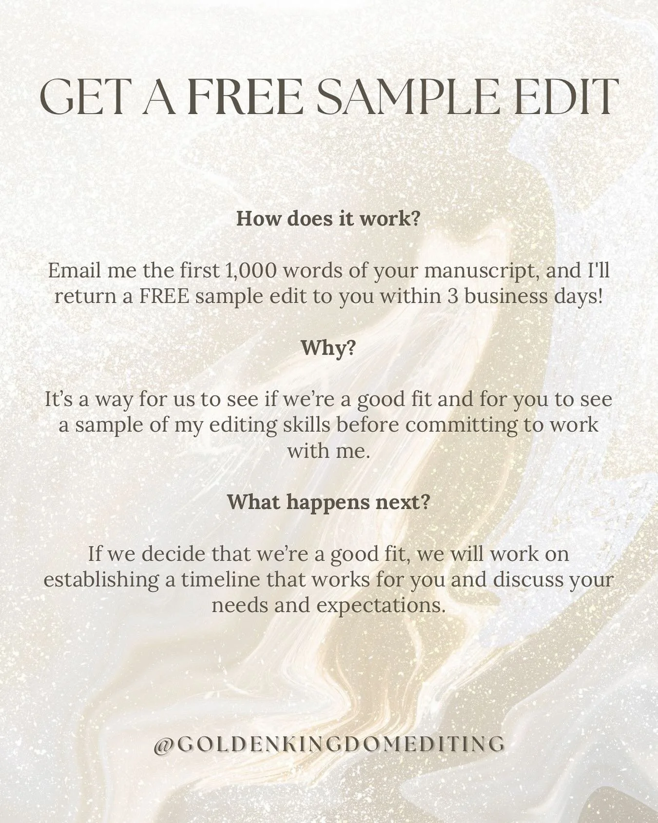 Want to make sure we&rsquo;re a good fit and that my editing works for you? Get a free sample edit! ✨

#proofreading #proofreader #editingservices #bookediting #indieauthors #indieromanceauthors #copyeditor #copyediting