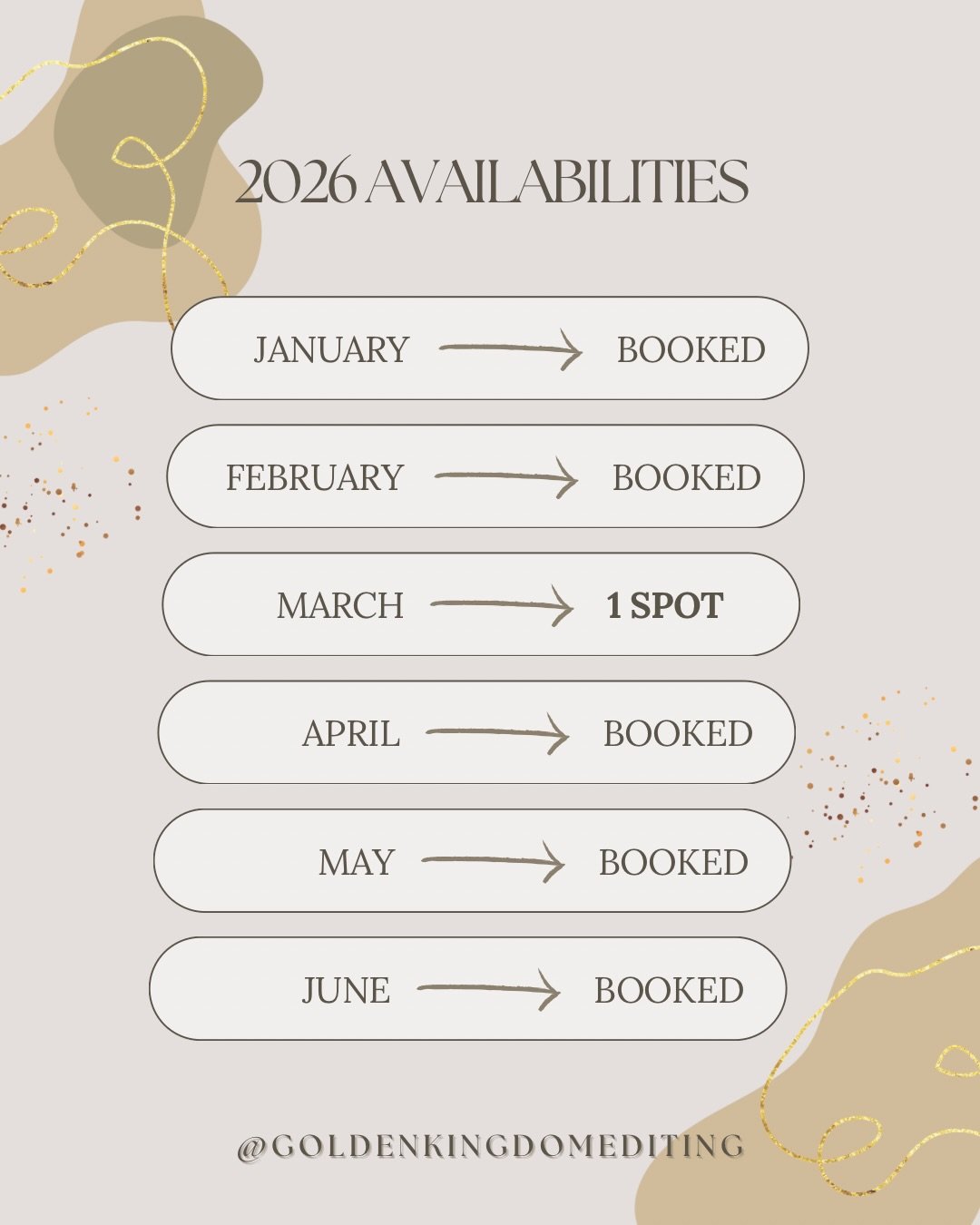 Here are my 2026 editing availabilities as of right now 📆

If you&rsquo;d like to book a spot with me for copy editing or proofreading, please reach out sooner than later. My first half of the year is almost completely booked already!

I&rsquo;m so 
