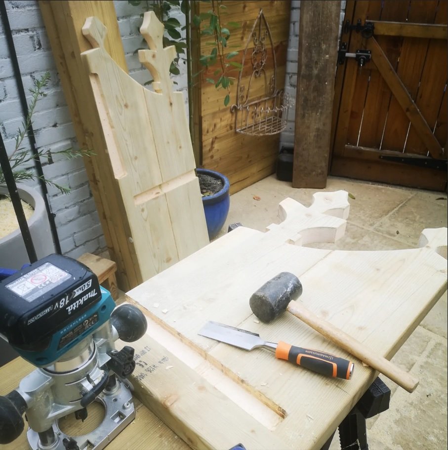 Bespoke carving and joinery of a church pew inspired bench in South Croydon.