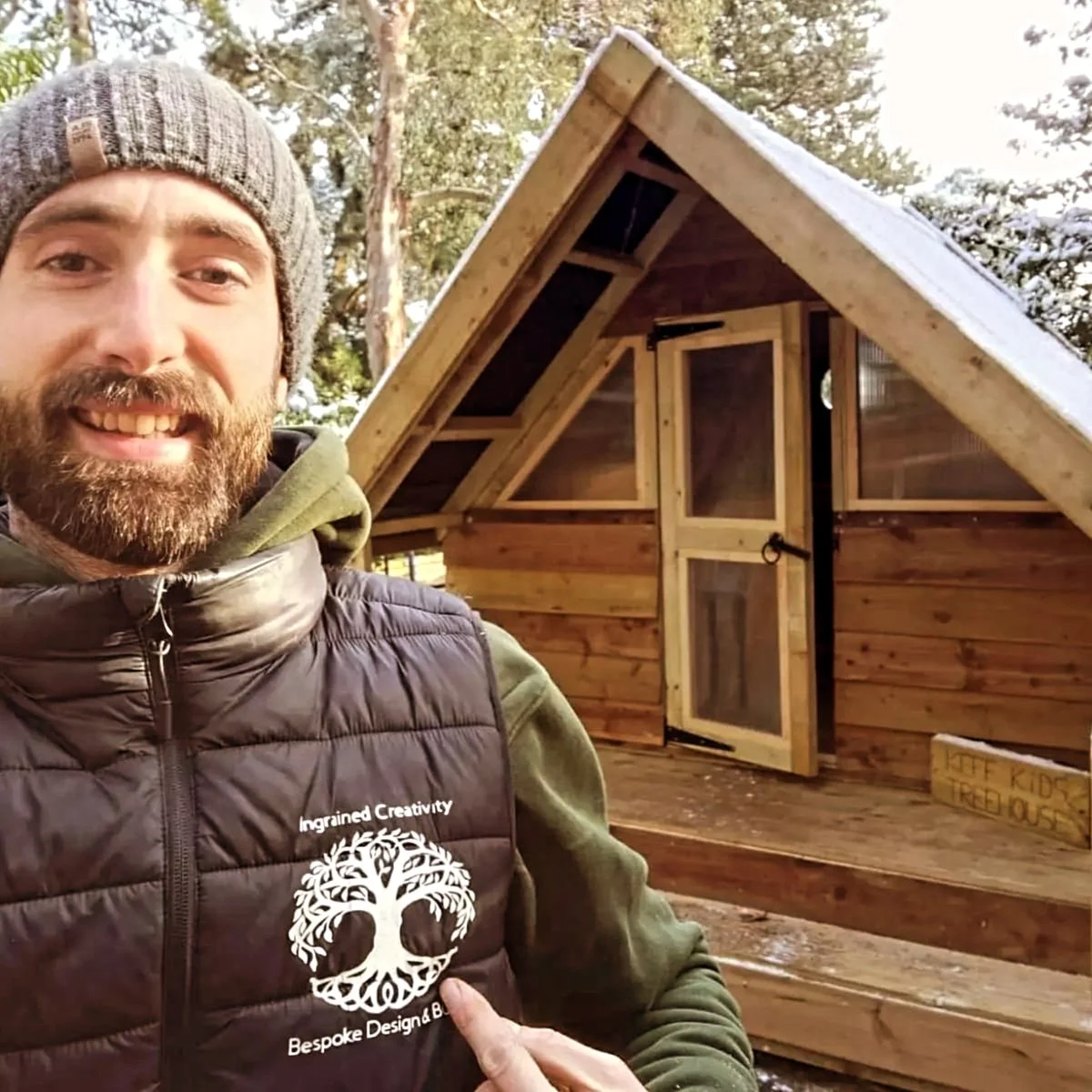 Snowy cabin treehouse