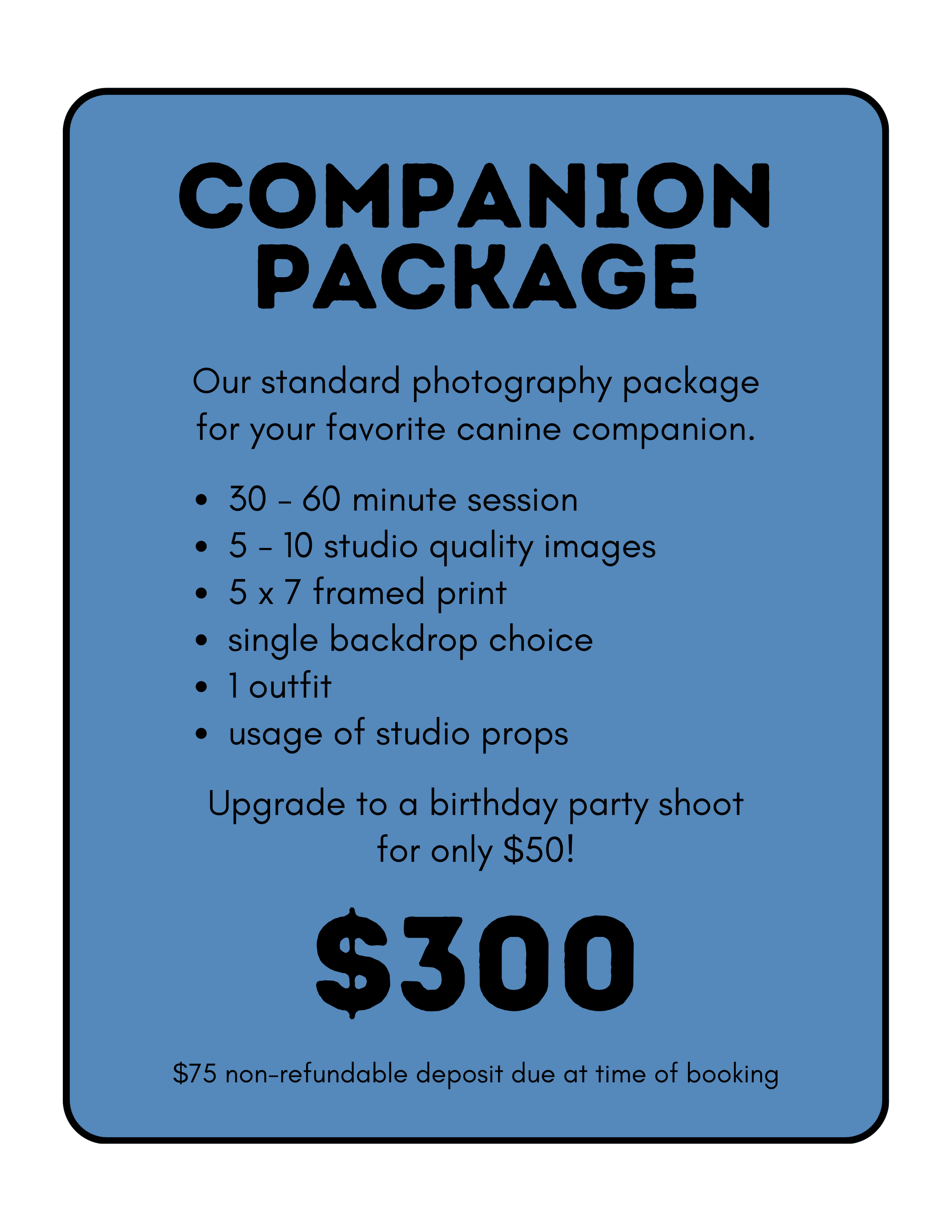 A promotional flyer for a photography package called 'Companion Package' offering studio photos of a dog for $300. It includes details about the session duration, image quality, print size, backdrop, outfit, and studio props, with an upgrade option for a birthday party shoot at $50. The flyer mentions a $75 non-refundable deposit.