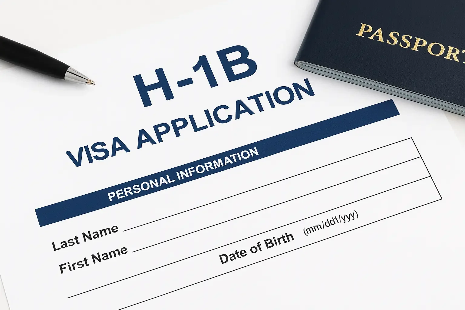 H-1B visa application form with spaces for personal information, a black pen, and a navy blue passport placed on a white desk.