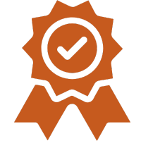An orange award ribbon with a check mark in the center.