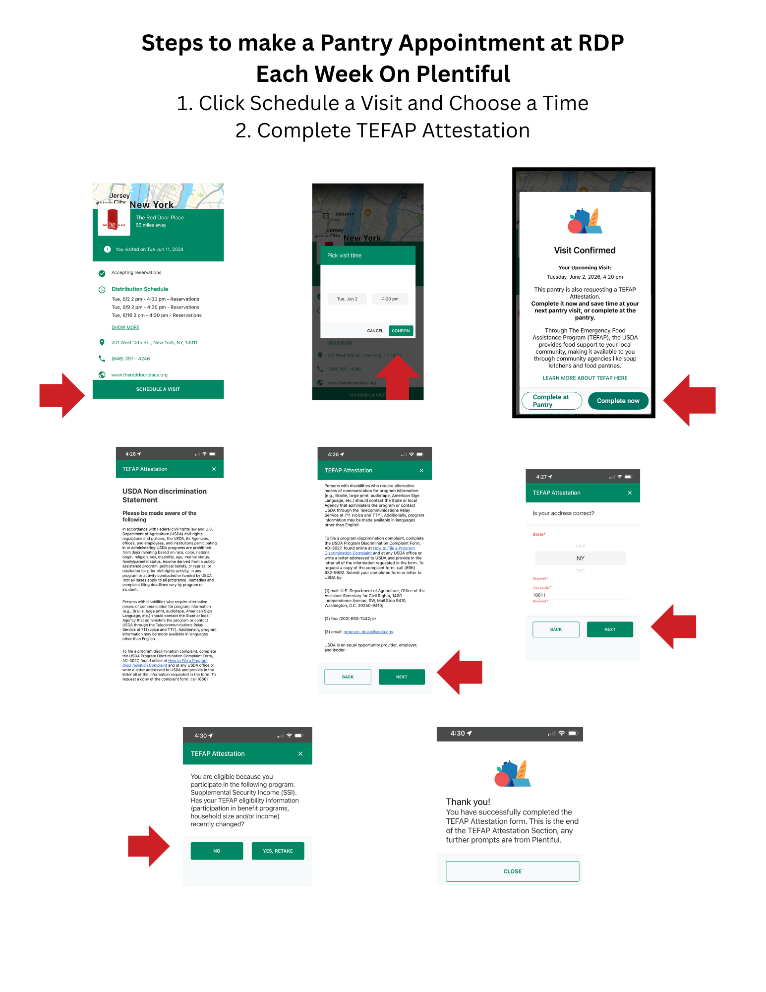 A step-by-step guide for scheduling a pantry appointment at RDP, including screenshots of a map, appointment scheduling screens, and confirmation pages, with red arrows pointing to essential buttons.