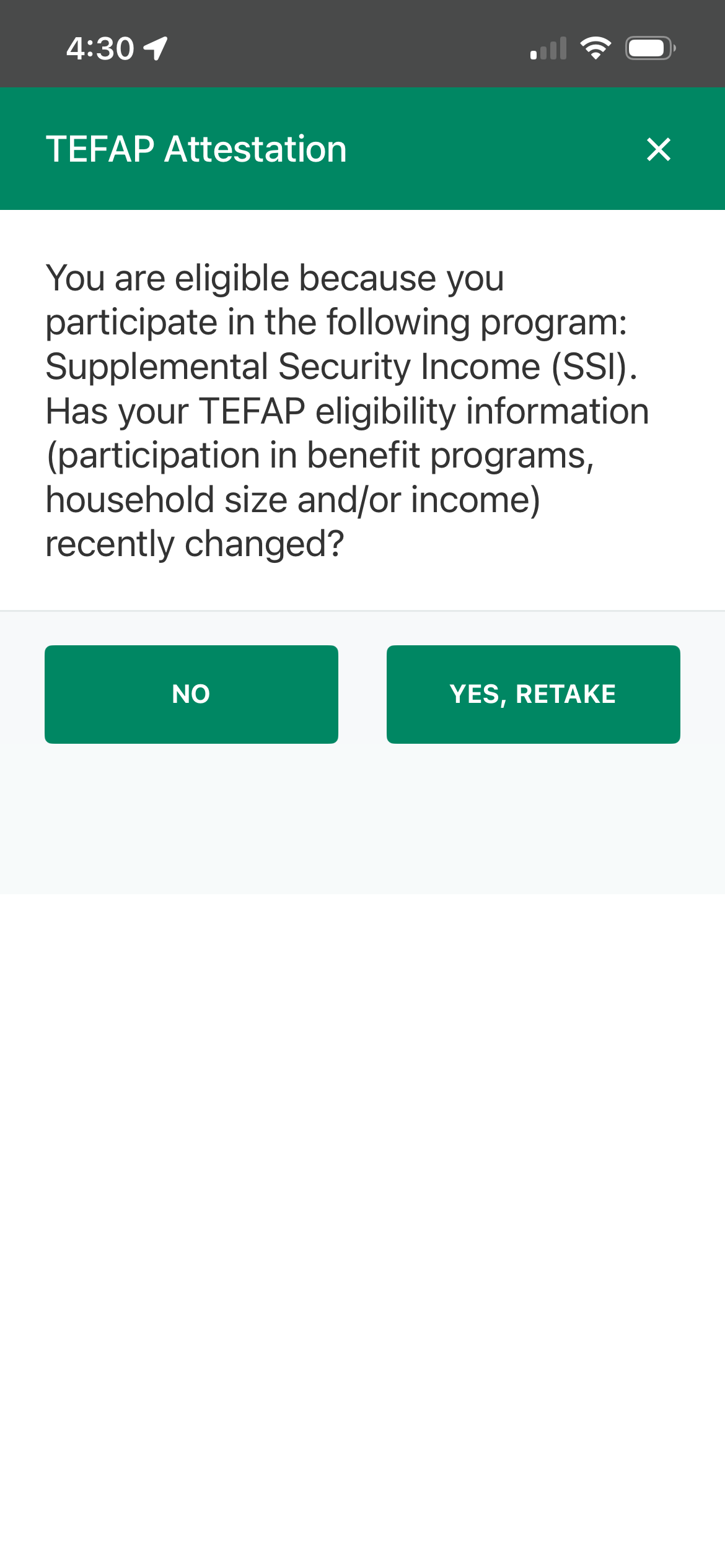 Screen showing a TEFAP Attestation form with options 'NO' and 'YES, RETAKE' for eligibility confirmation regarding participation in the Supplemental Security Income (SSI) program.