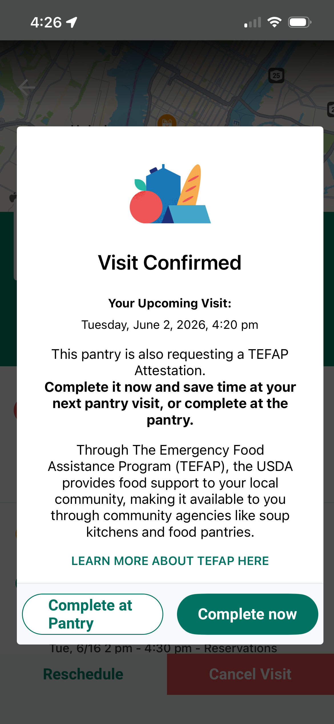 Screen showing a confirmed visit appointment at a pantry with details about the date and time, and a message about TEFAP food support programs.