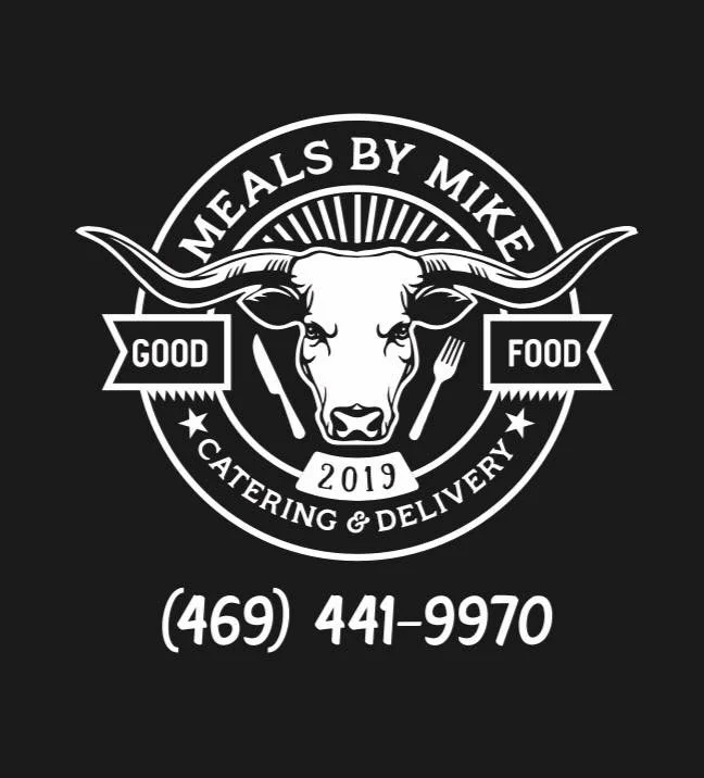 Logo for 'Meals by Mike' featuring a bull's head, with text 'Good Food' on either side, 'Catering & Delivery' at the bottom, '2019' in the center, and a phone number (469) 441-9970.