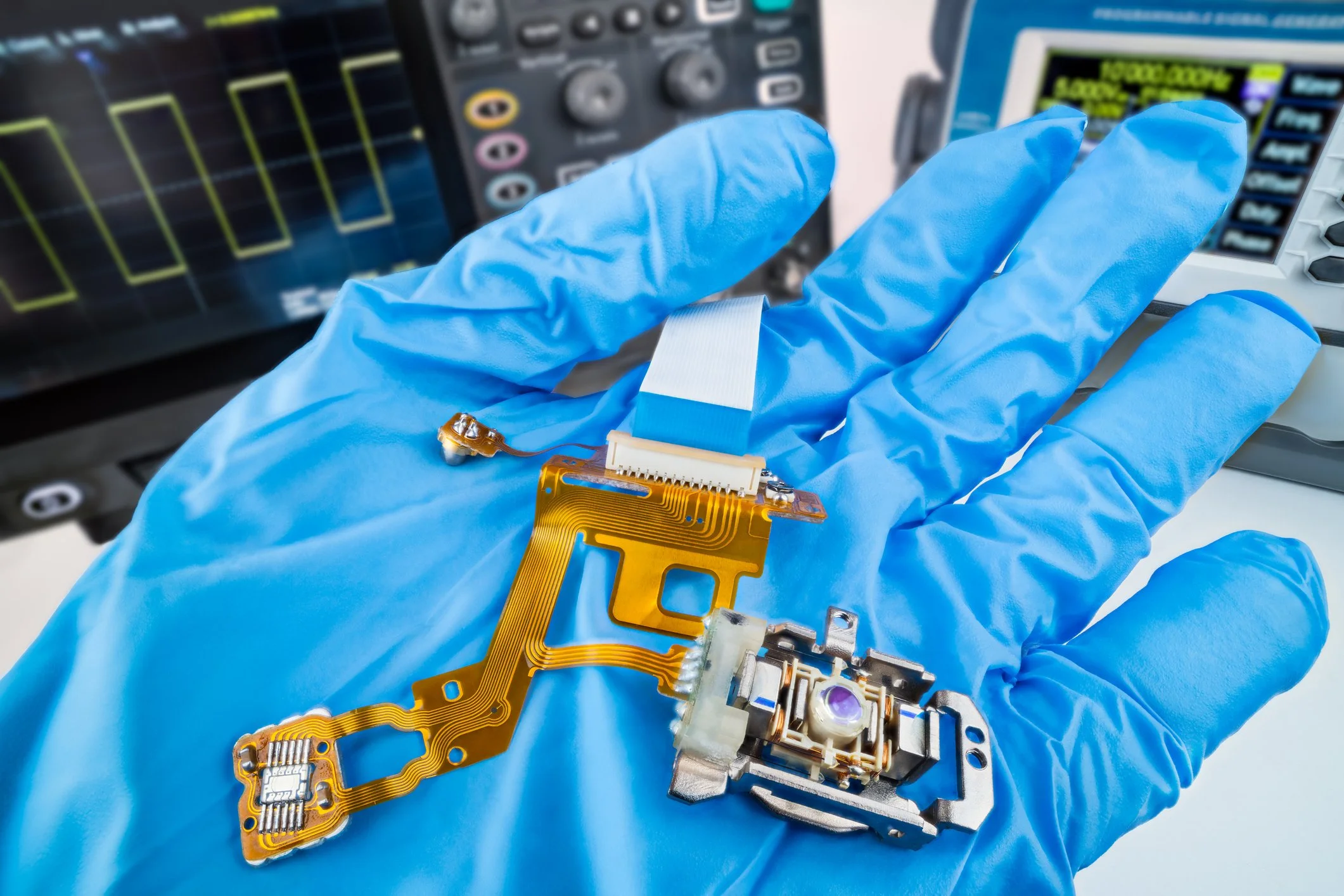A person wearing blue gloves holding a small electronic circuit board with a flexible ribbon cable attached, with laboratory equipment and screens in the background.