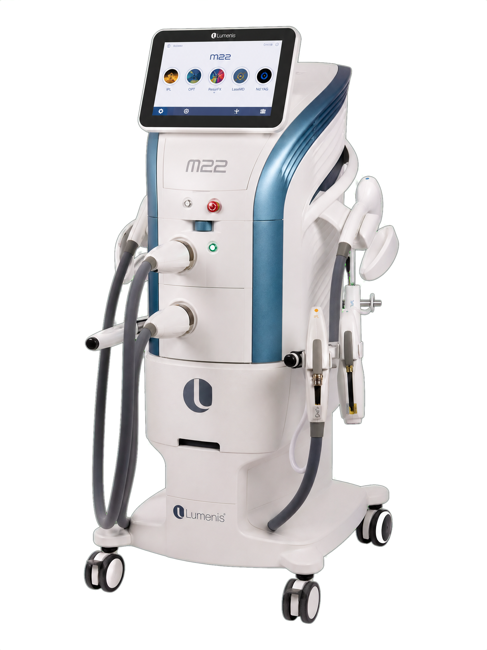 A medical device labeled 'Lumenis' and 'M22' with a touchscreen display showing various treatment options, mounted on a wheeled stand with several attached flexible hoses.