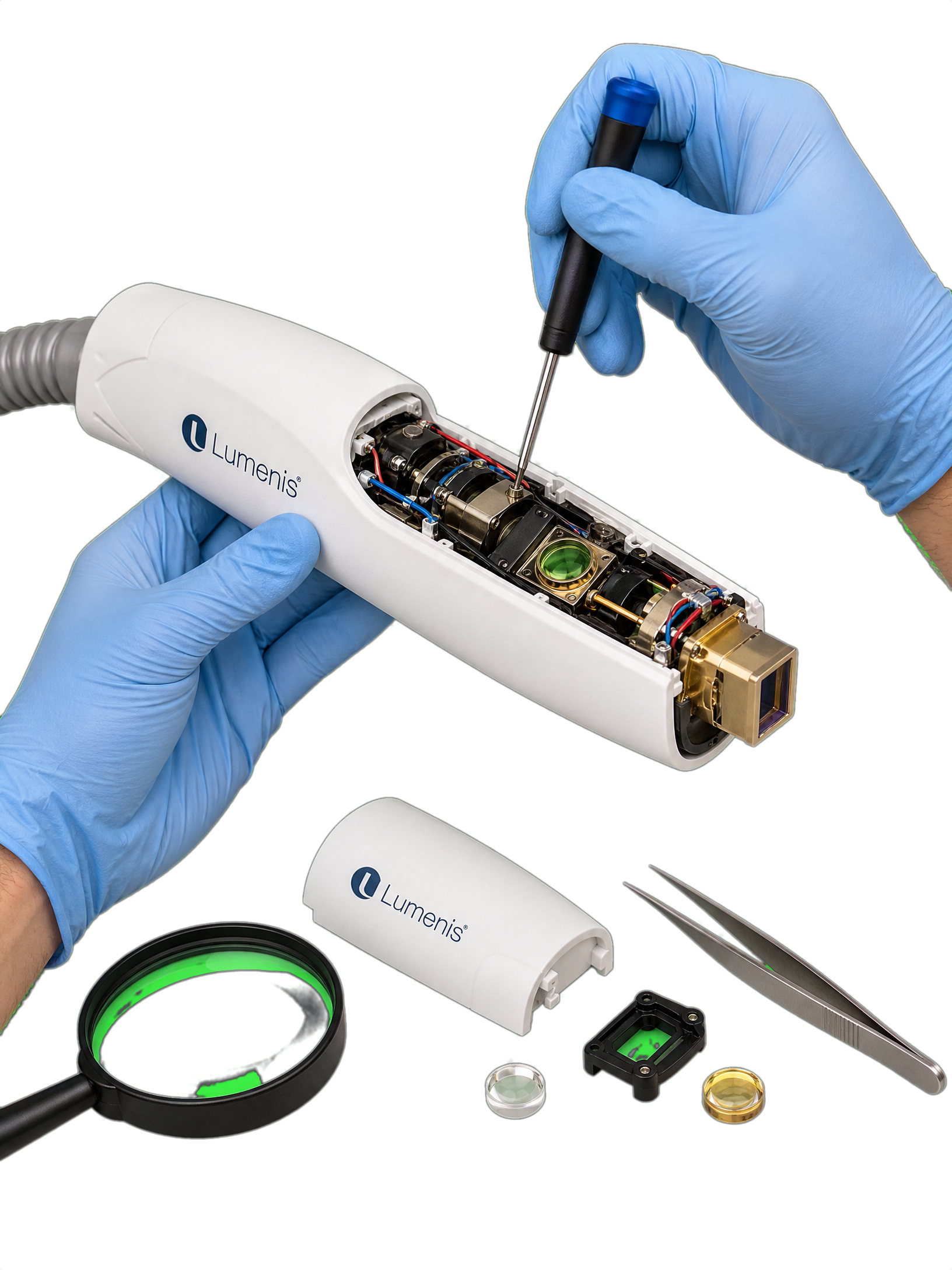 A person wearing blue gloves is working on a white Lumenis medical device, using a screwdriver to make adjustments or repairs. The device is open, revealing internal components, and various tools and parts are laid out on the green surface below.
