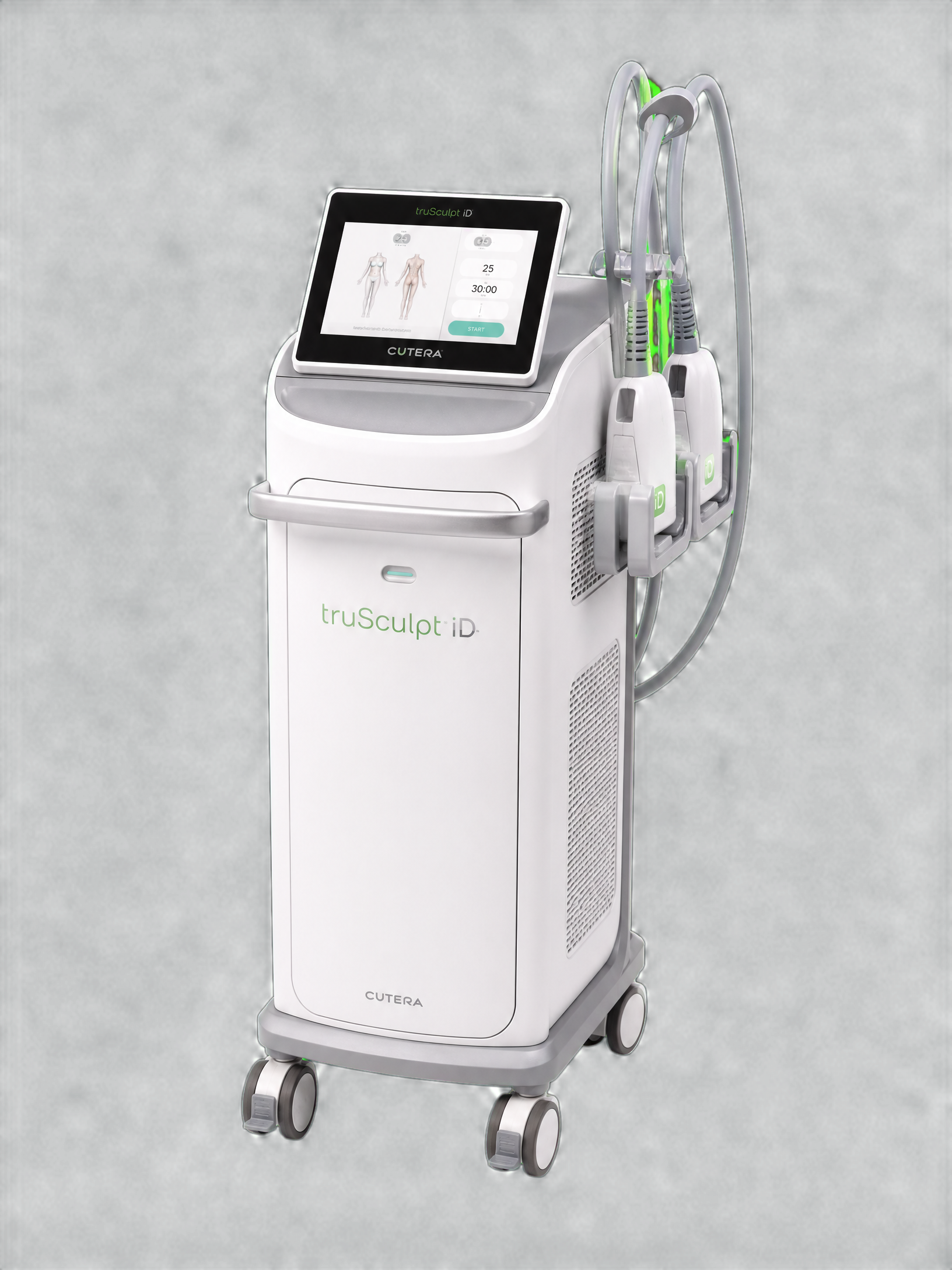 Medical aesthetic device on a rolling stand with a touchscreen display showing options for body treatment, branded 'CUTERA' and 'truSculpt iD'