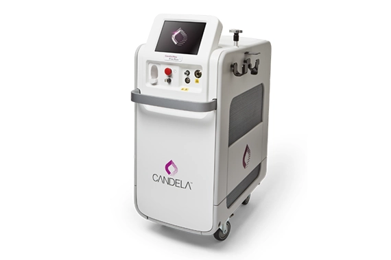Medical device with a touch screen monitor, control knobs, and a handle, labeled Candela, with a white body and gray side panels on wheels.