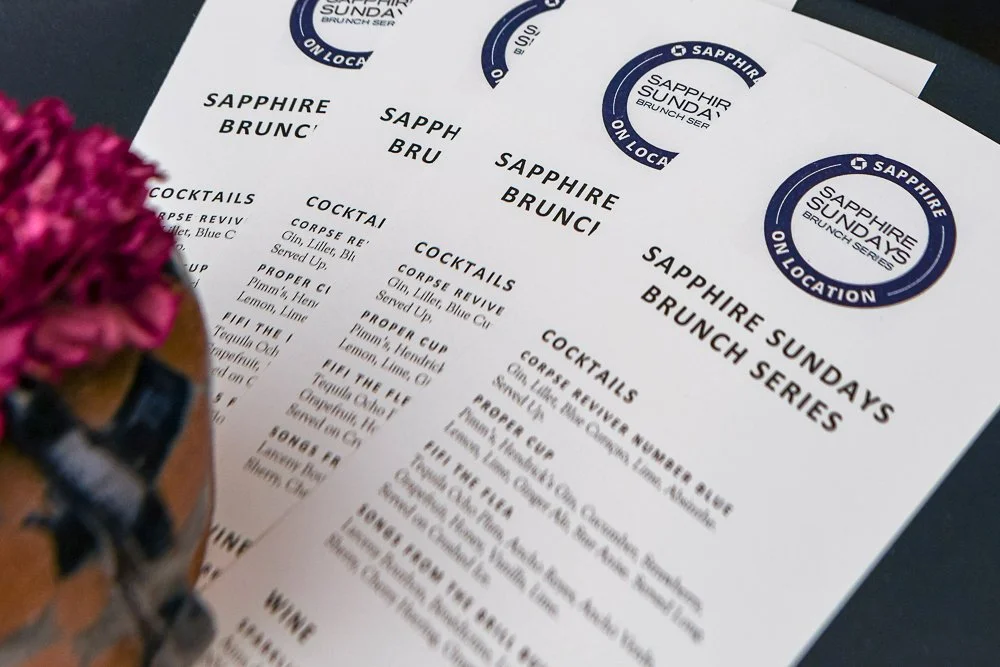 Menus for Sapphire Sundays Brunch Series with drink and cocktail options on them.