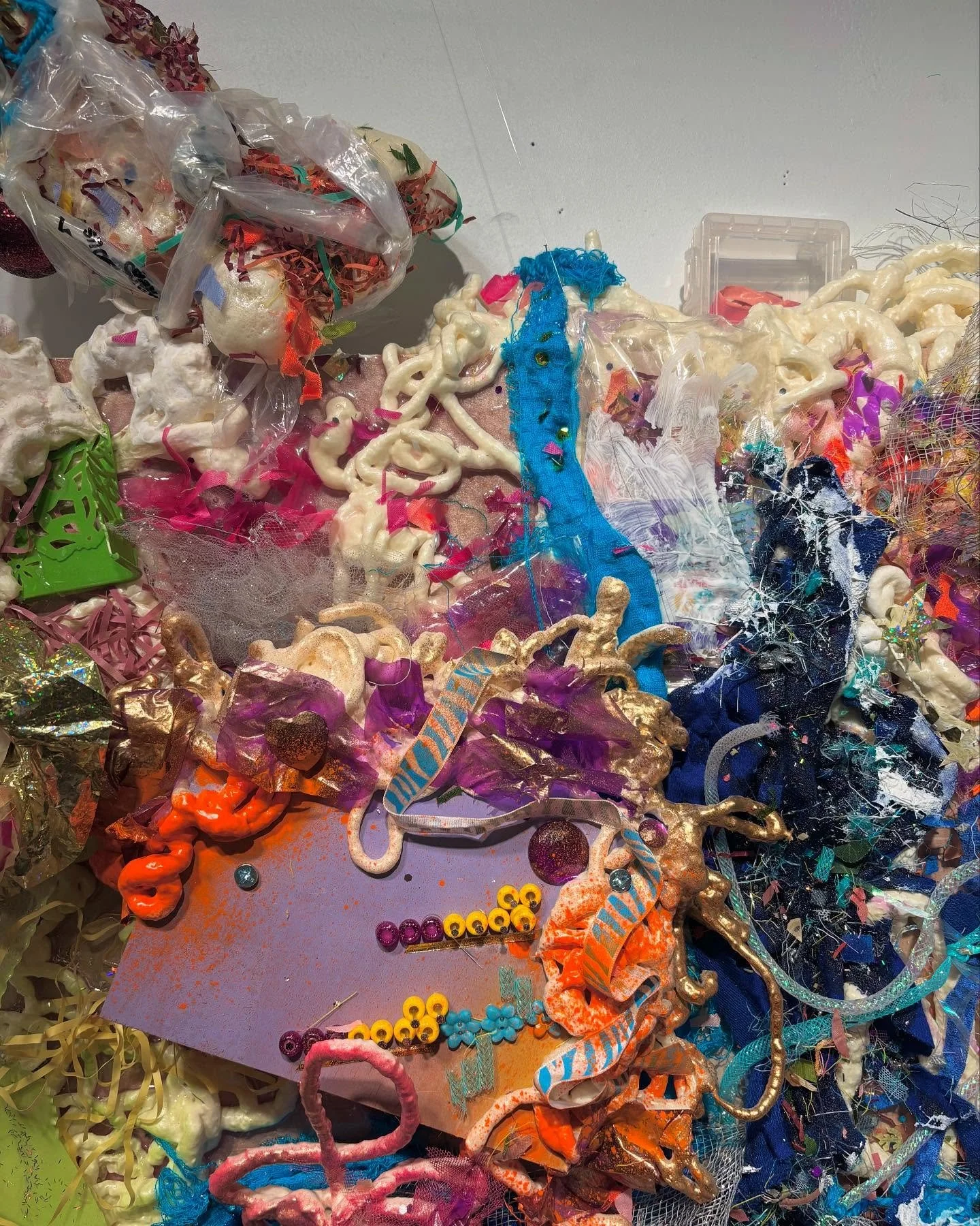 untitled

spray foam, artificial flowers, sourced fabric, plastic packaging, plastic storage bins, embroidery thread, spray paint, plastic gems, ribbon, deco mesh, tulle, straight pins, beads, sequins, resin, gesso