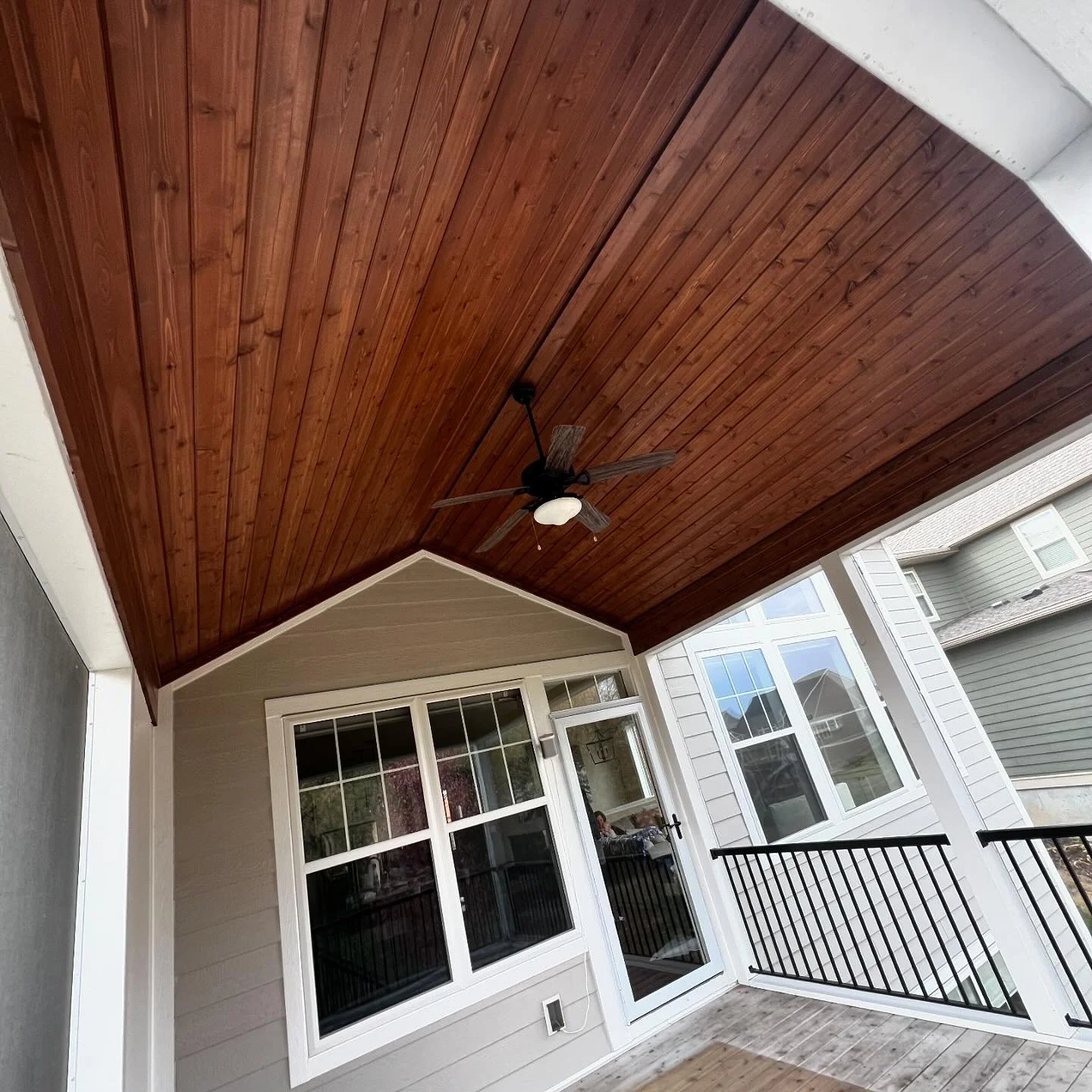 New look for this clients screened in porch! We installed beautiful Pre-Finished Cedar tongue and groove to give this porch an awesome new look!