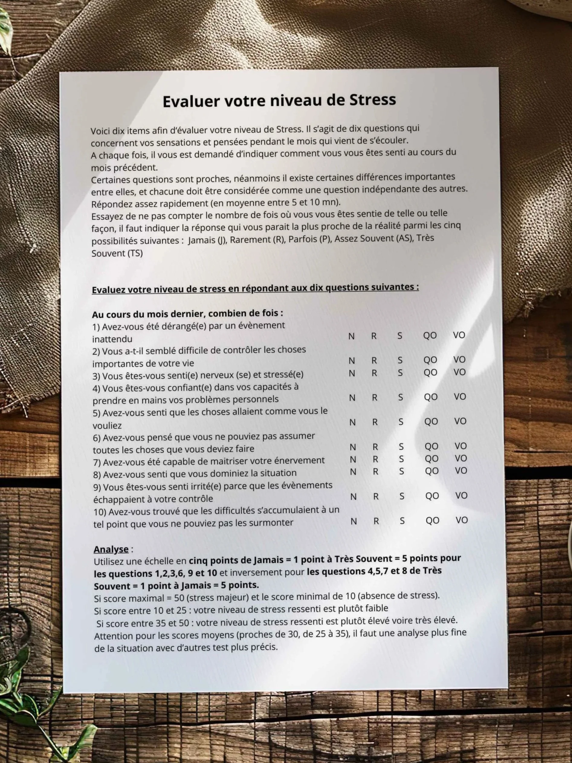 Support PDF Symptômes & Niveau de Stress