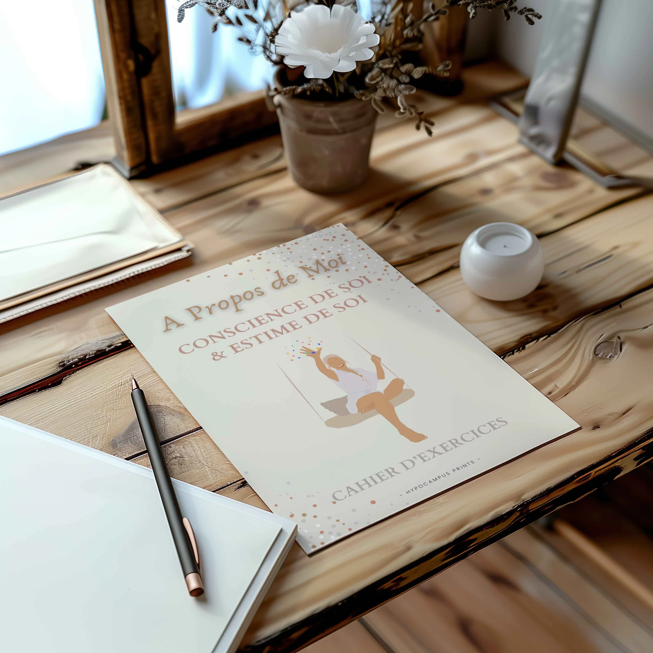 Un cahier d'exercices intitulé "Conscience de Soi & Estime de Soi" placé sur une table en bois avec un stylo, un carnet blanc ouvert, et une plante dans un pot à côté.