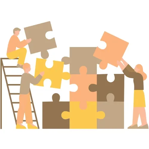 Trois personnes assemblent des pièces de puzzle pour former une structure collective.