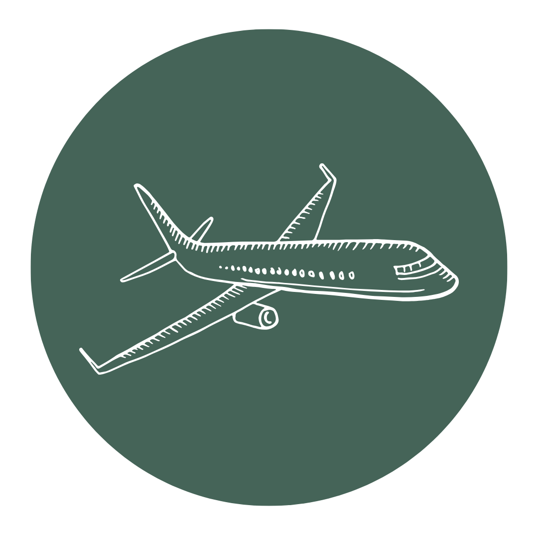Illustration of an airplane viewed from the front, with a dark green circular background.