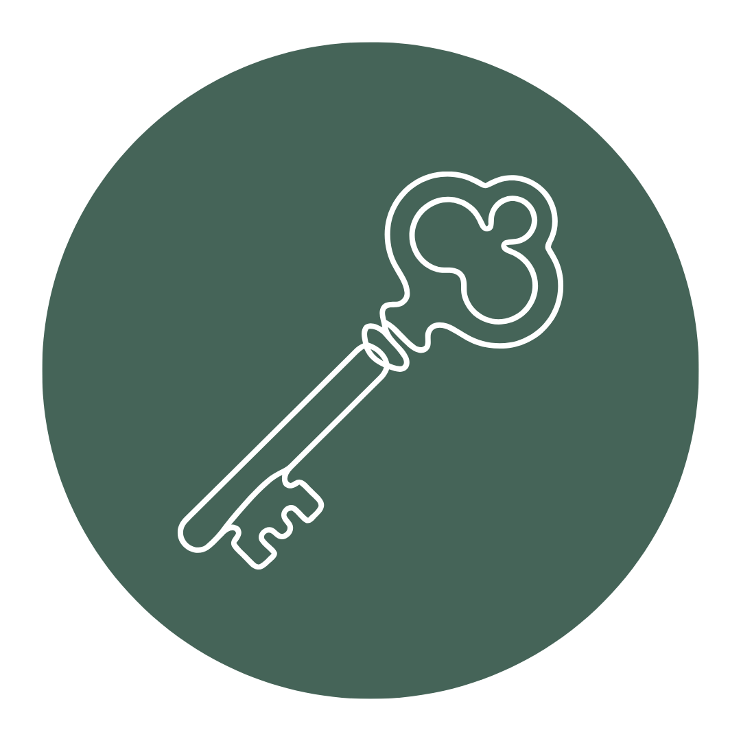 Outline drawing of a vintage key with a decorative, ornate bow, set against a dark green circular background.