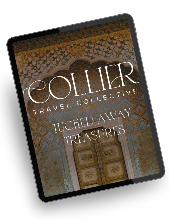 Tucked Away Treasures travel guide by Collier Travel Collective shown on a tablet