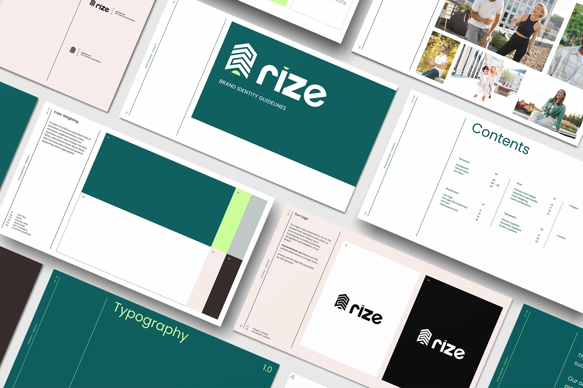 Collection of branding and marketing documents, including a logo, brand guidelines, and photos of people outdoors.