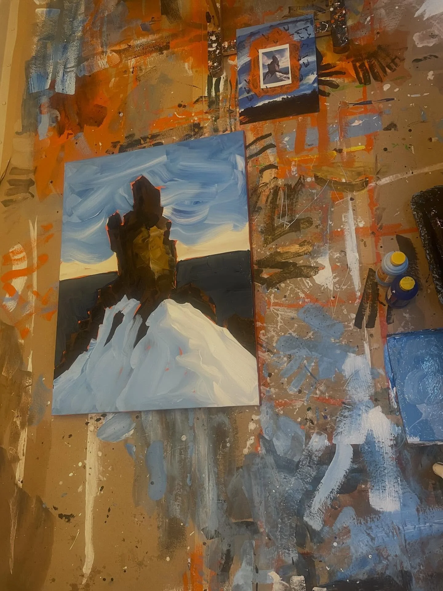 Collaboration with Lucas where he snaps a shot, in this case on a recent venture on Mt Shasta, and I interpret the scene. I&rsquo;ve been on Shasta a few times and have a sense for the horizon eastward, the snow at 10,000&rsquo; and the chocolate sto