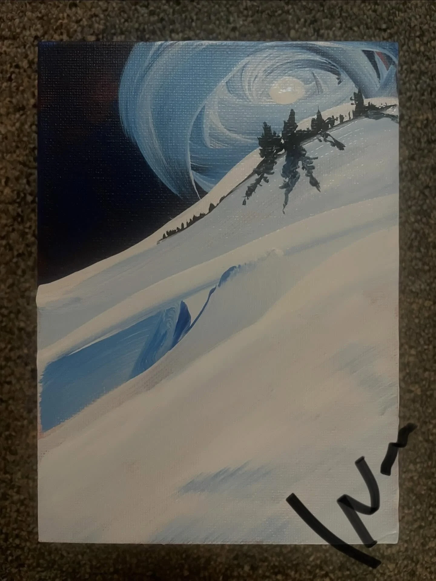 &lsquo;Her Bachelor&rsquo;
7&rdquo;x5&rdquo; original on canvas art board

Four days on the mountain in all excellent conditions considering I love skiing with my friends and staring at the shadows by looking so deeply at the sky that it&rsquo;s almo