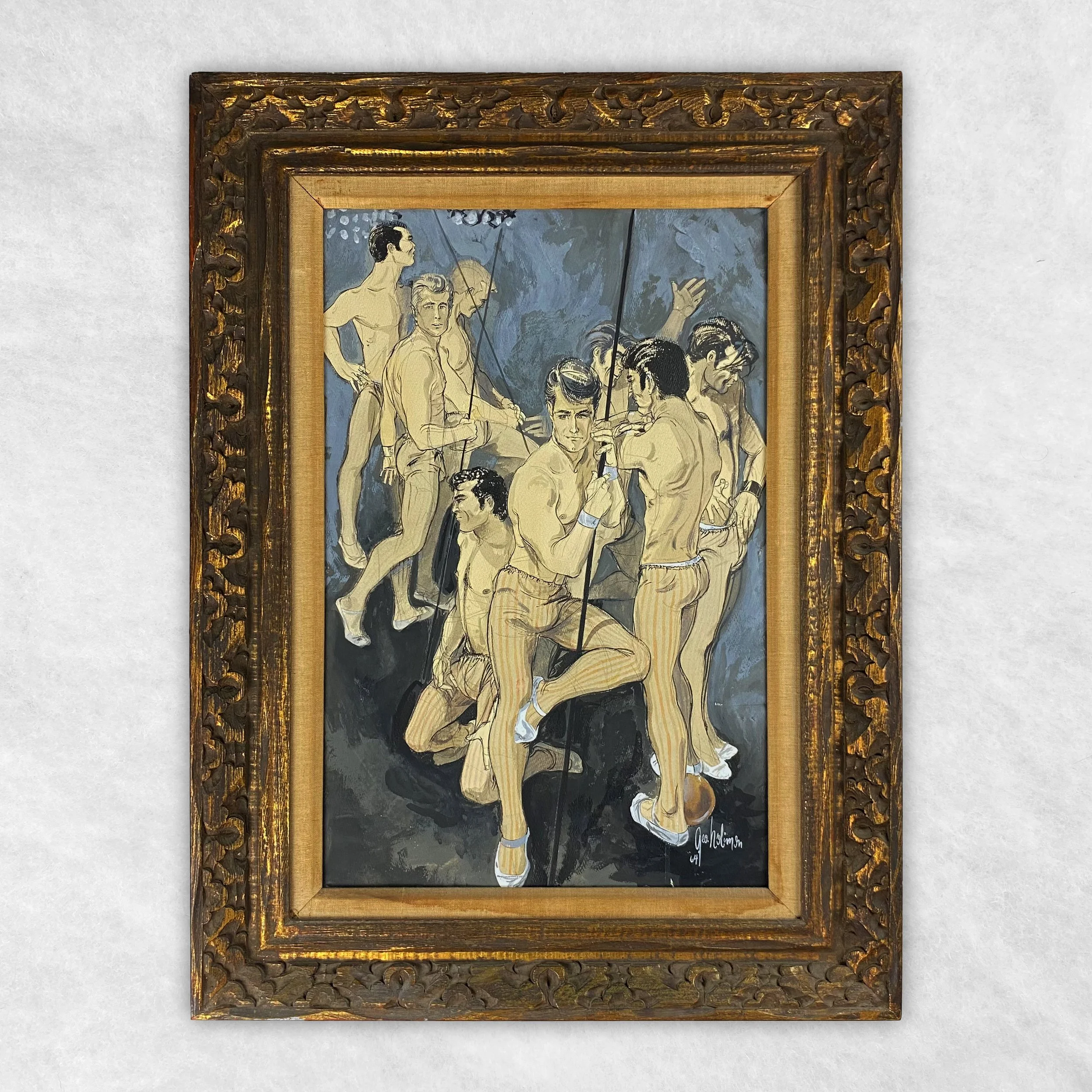   GAY object 113  Painting of male dancers in carved wooden frame 