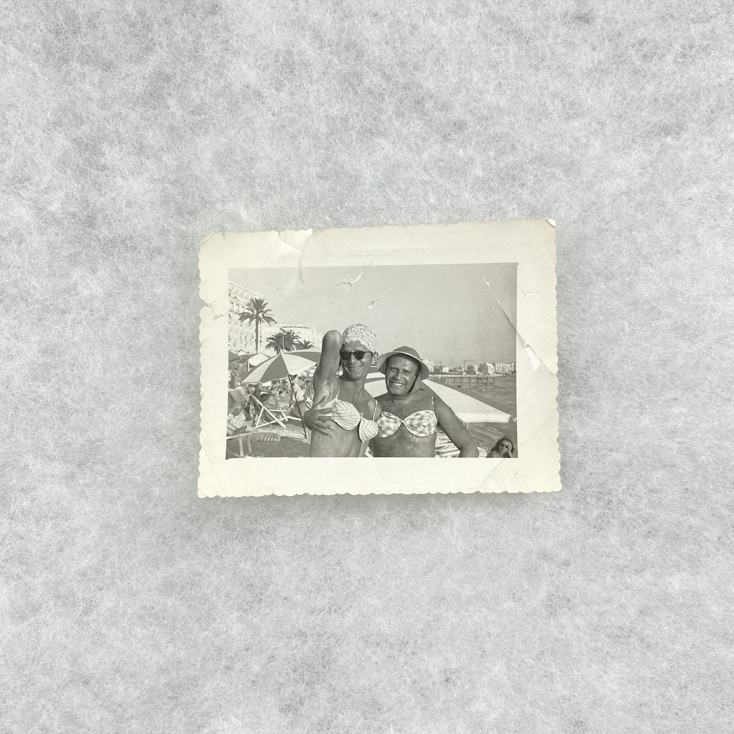   GAY object 057  Found photograph of two men wearing bikini tops 